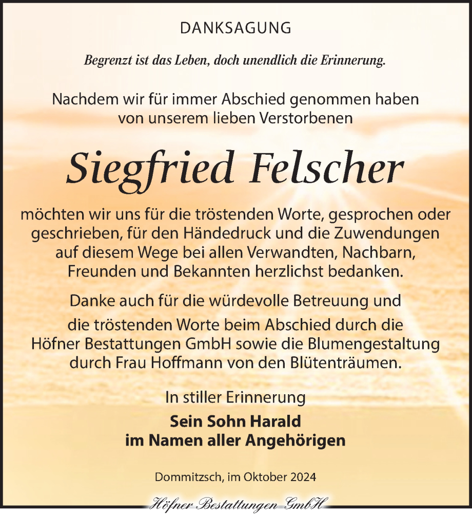  Traueranzeige für Siegfried Felscher vom 12.10.2024 aus Torgauer Zeitung