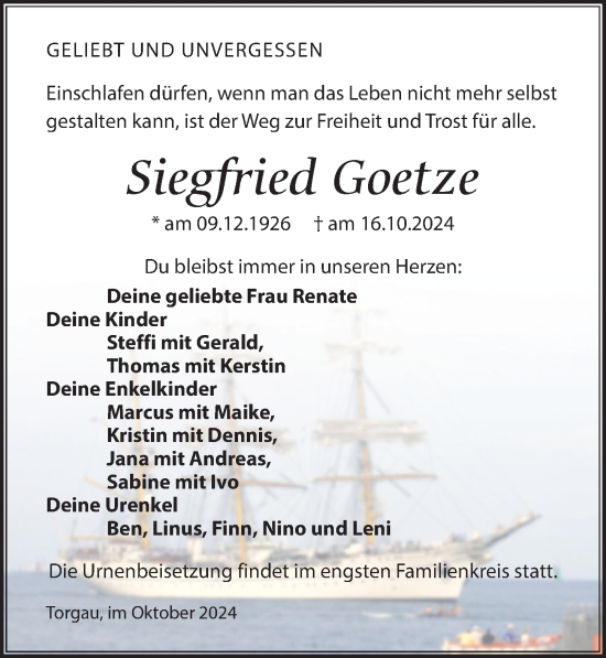 Traueranzeige von Siegfried Goetze von Torgauer Zeitung