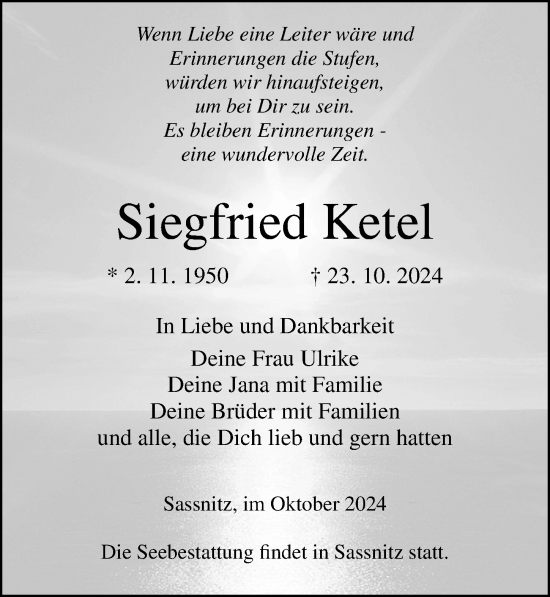 Traueranzeige von Siegfried Ketel von Ostsee-Zeitung GmbH