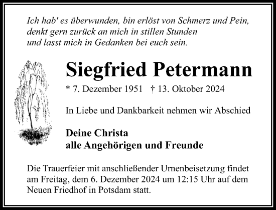 Traueranzeige von Siegfried Petermann von Märkischen Allgemeine Zeitung