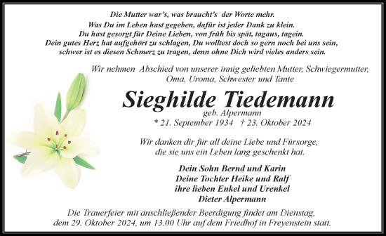 Traueranzeige von Sieghilde Tiedemann von Märkischen Allgemeine Zeitung