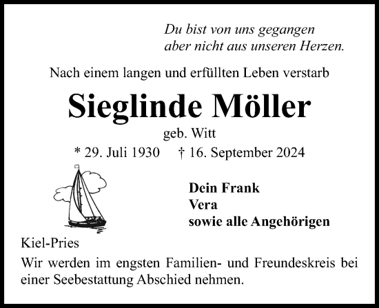 Traueranzeige von Sieglinde Möller von Kieler Nachrichten