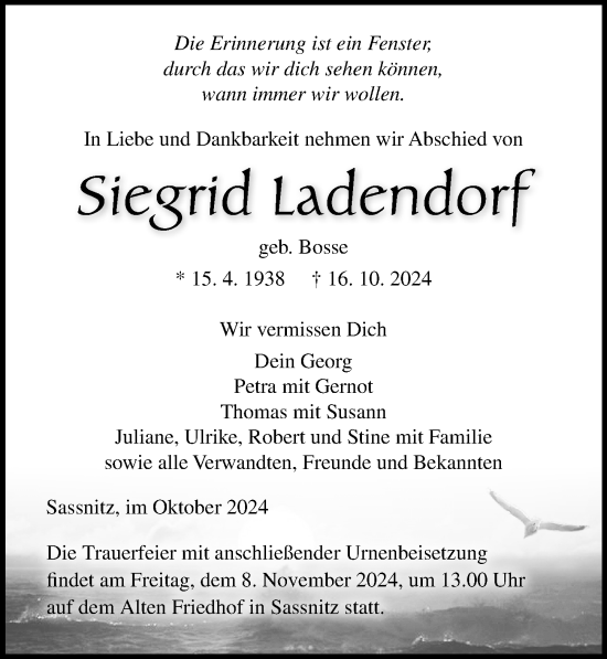 Traueranzeige von Siegrid Ladendorf von Ostsee-Zeitung GmbH