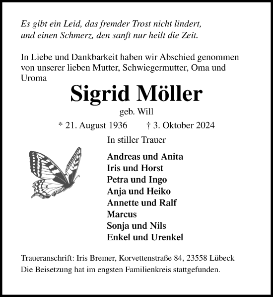 Traueranzeige von Sigrid Möller von Lübecker Nachrichten