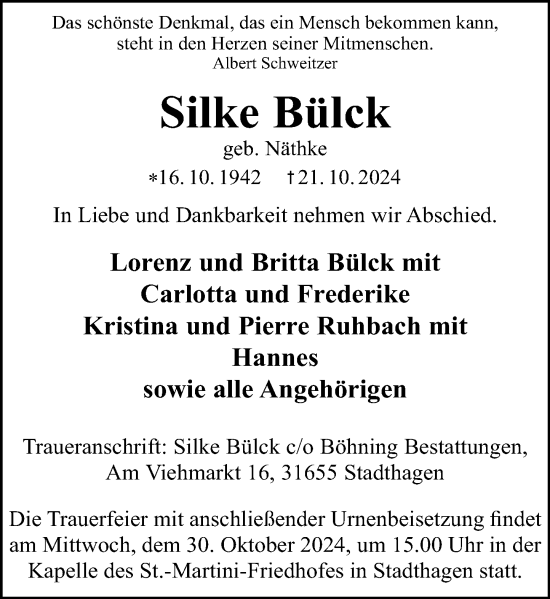 Traueranzeige von Silke Bülck von Schaumburger Nachrichten