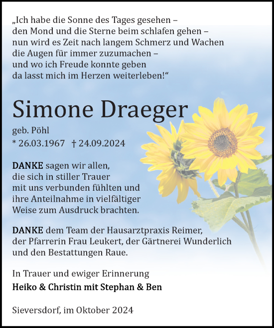 Traueranzeige von Simone Draeger von Wochenspiegel