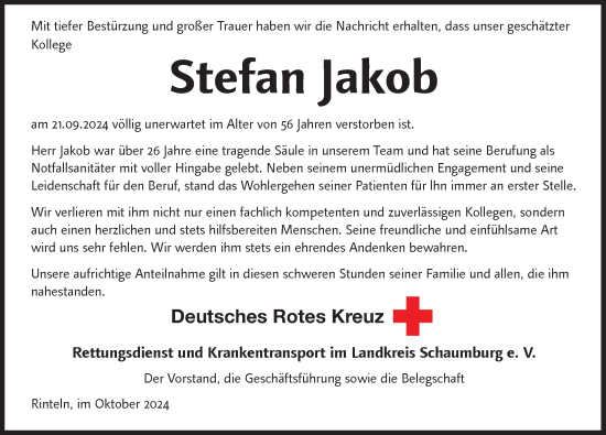 Traueranzeige von Stefan Jakob von Schaumburger Nachrichten und Schaumburger Zeitung/ Landes-Zeitung