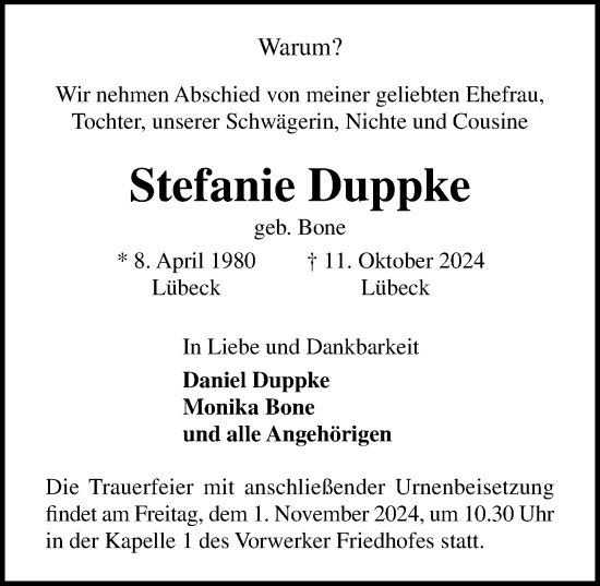 Traueranzeige von Stefanie Duppke von Lübecker Nachrichten