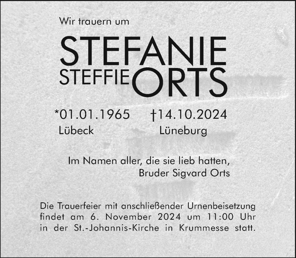  Traueranzeige für Stefanie Orts vom 27.10.2024 aus Lübecker Nachrichten