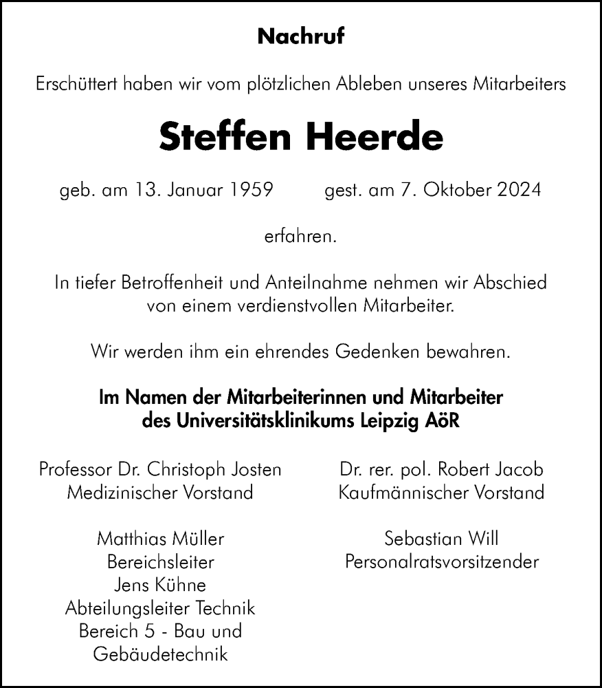  Traueranzeige für Steffen Heerde vom 19.10.2024 aus Leipziger Volkszeitung