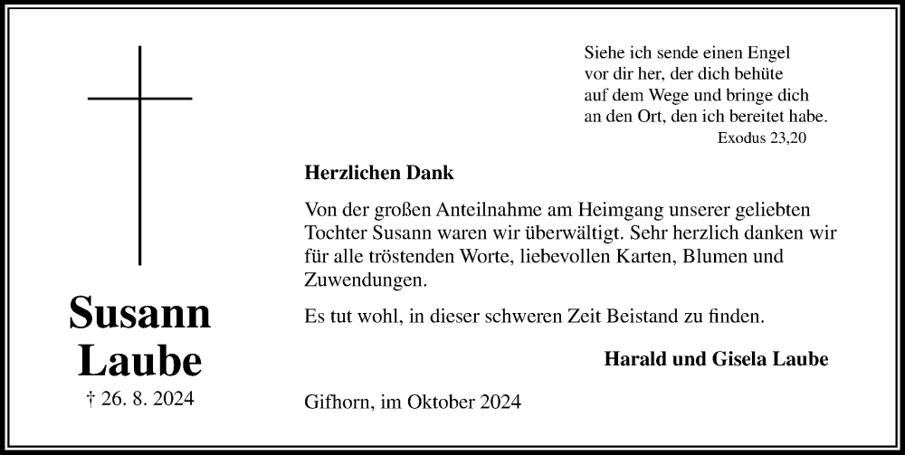  Traueranzeige für Susann Laube vom 05.10.2024 aus Aller Zeitung