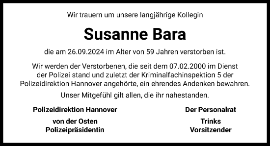 Traueranzeige von Susanne Bara von Hannoversche Allgemeine Zeitung/Neue Presse