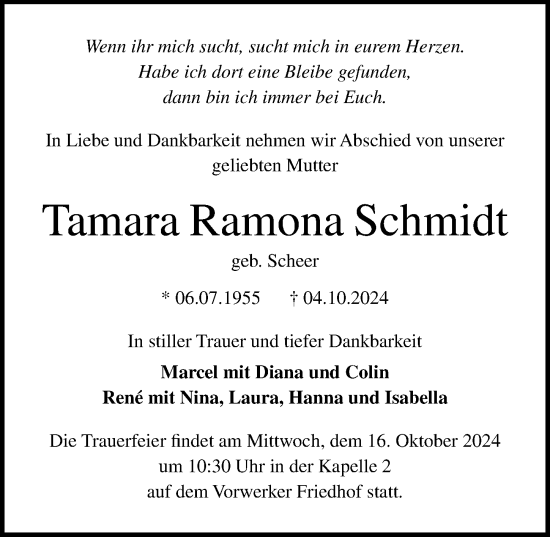 Traueranzeige von Tamara Schmidt von Lübecker Nachrichten