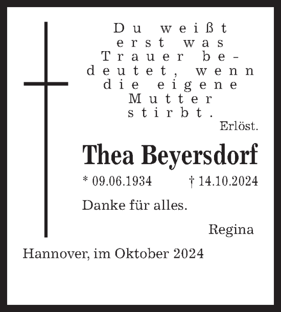 Traueranzeige von Thea Beyersdorf von Hannoversche Allgemeine Zeitung/Neue Presse