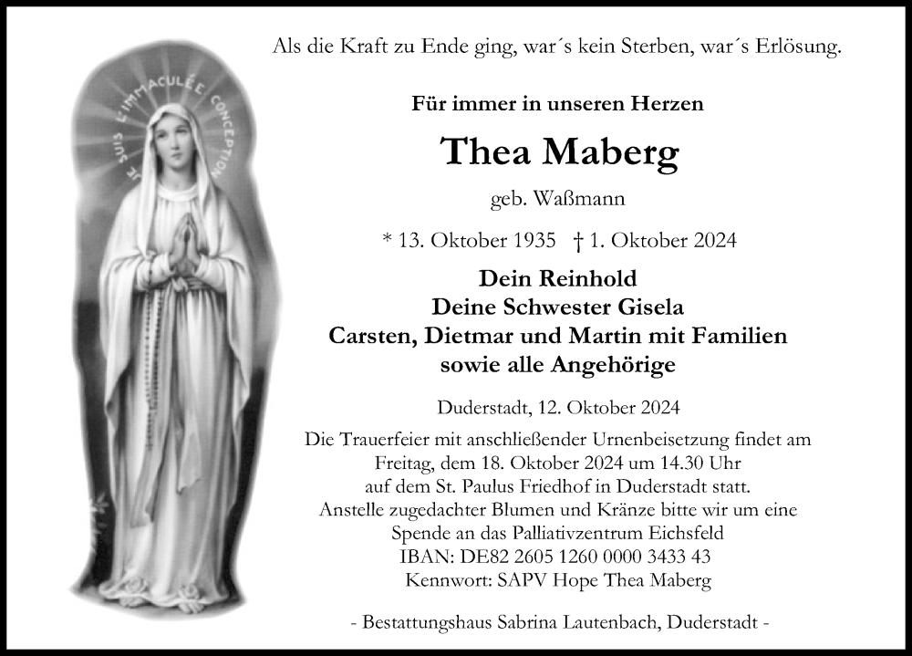  Traueranzeige für Thea Maberg vom 12.10.2024 aus Eichsfelder Tageblatt