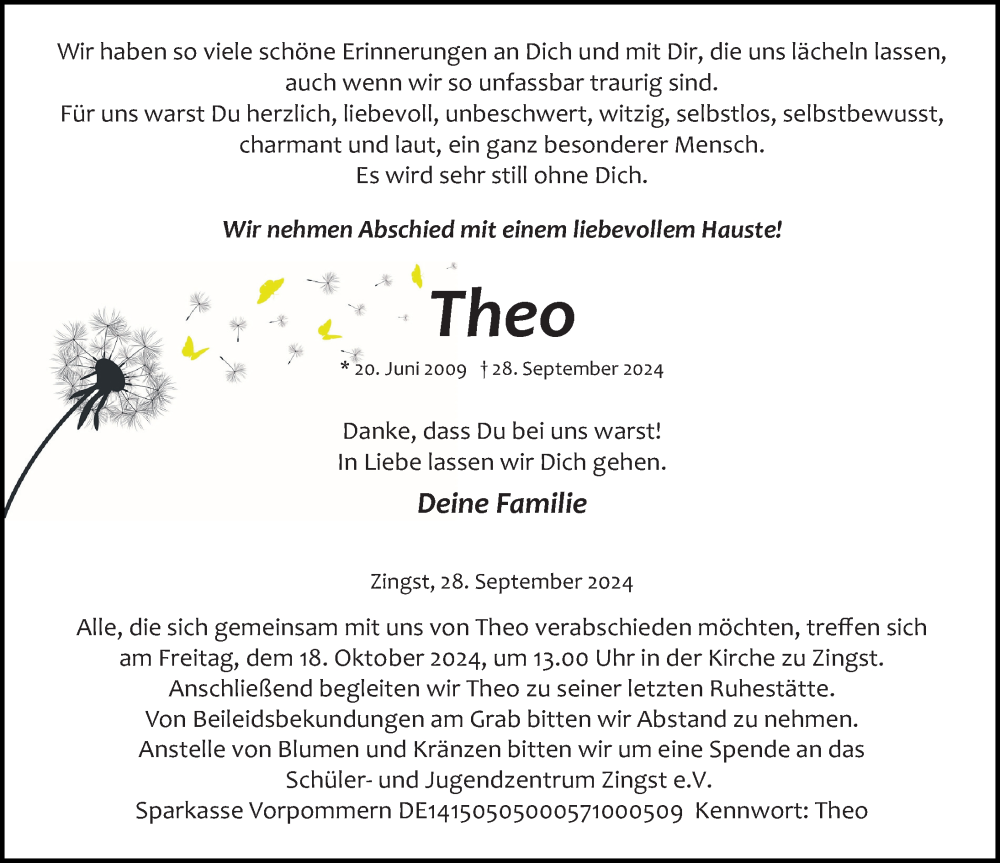  Traueranzeige für Theo  vom 12.10.2024 aus Ostsee-Zeitung GmbH