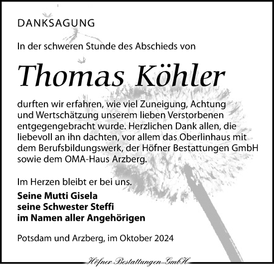 Traueranzeige von Thomas Köhler von Torgauer Zeitung