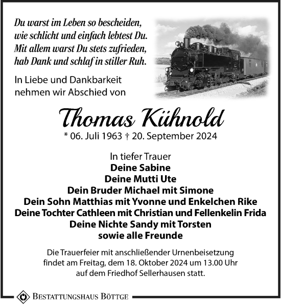Traueranzeige von Thomas Kühnold von Leipziger Volkszeitung