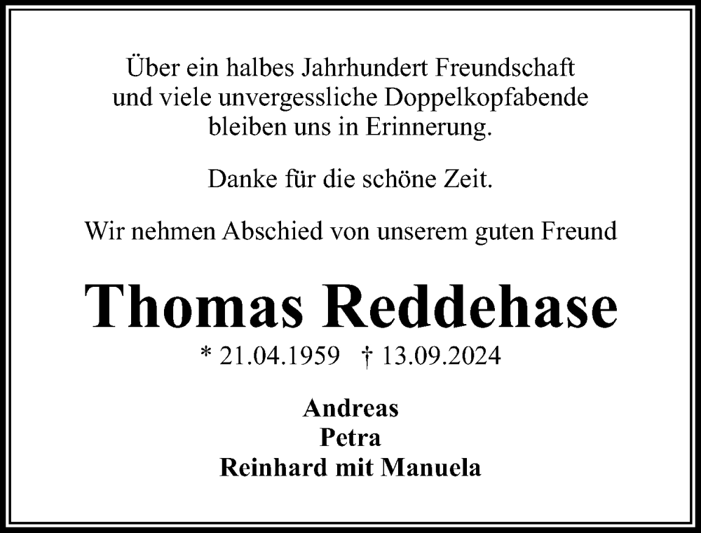  Traueranzeige für Thomas Reddehase vom 05.10.2024 aus Göttinger Tageblatt