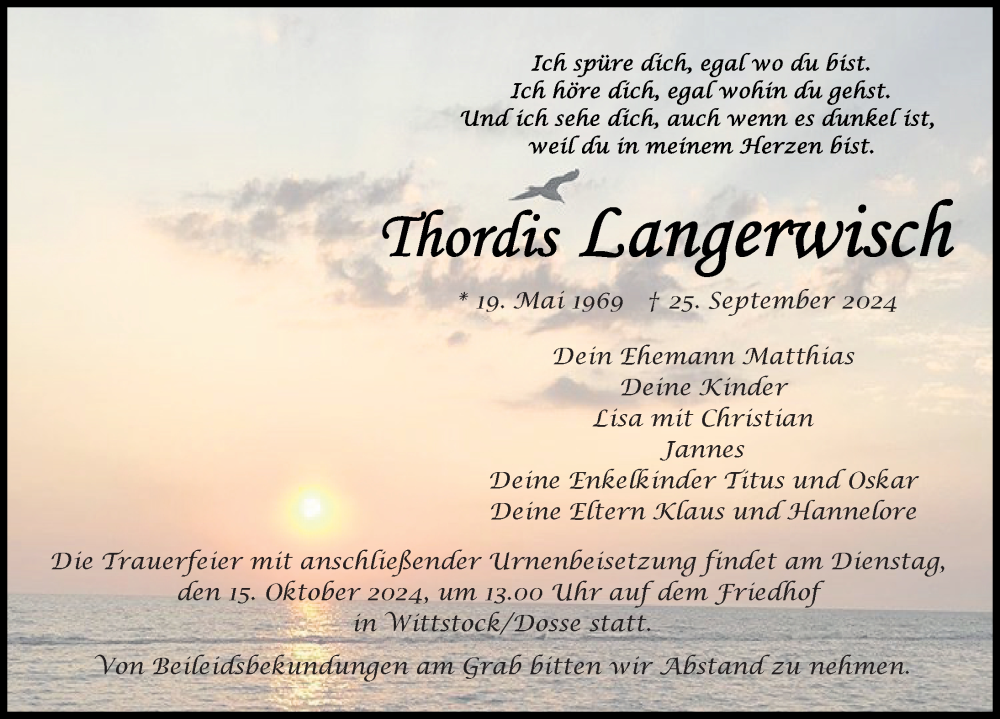  Traueranzeige für Thordis Langerwisch vom 05.10.2024 aus Wochenspiegel