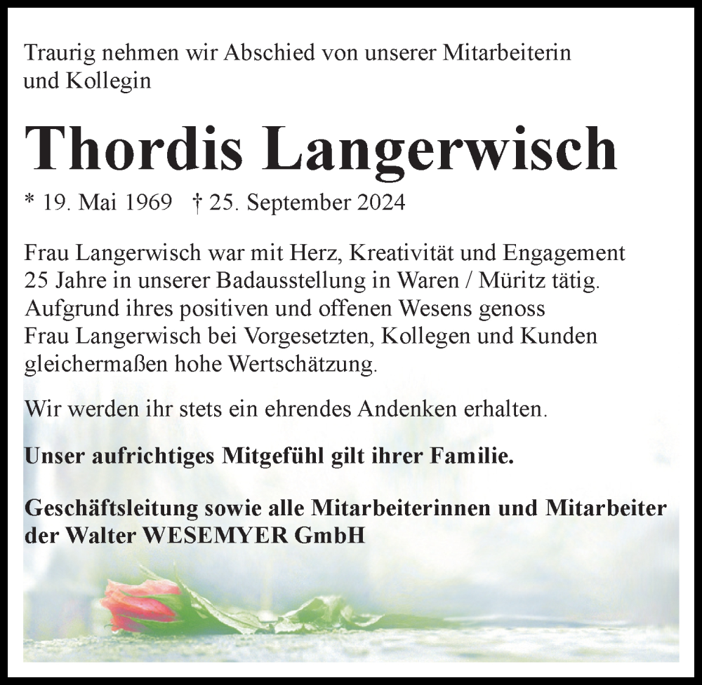  Traueranzeige für Thordis Langerwisch vom 12.10.2024 aus Wochenspiegel