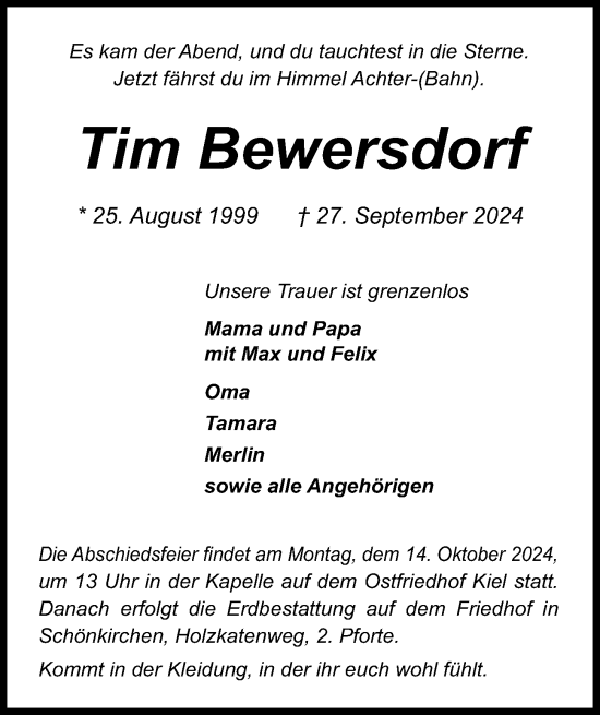 Traueranzeige von Tim Bewersdorf von Kieler Nachrichten