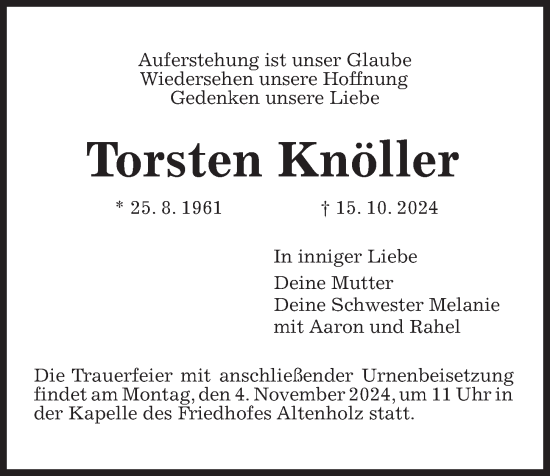 Traueranzeige von Torsten Knöller von Kieler Nachrichten