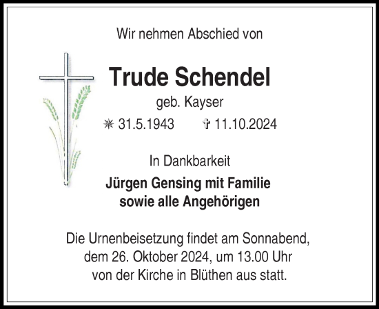 Traueranzeige von Trude Schendel von Wochenspiegel