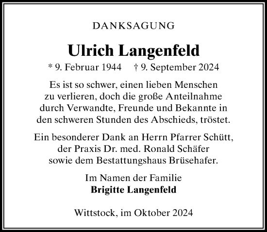 Traueranzeige von Ulrich Langenfeld von Wochenspiegel