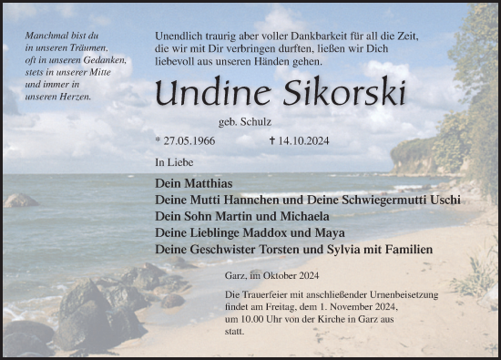 Traueranzeige von Undine Sikorski von Ostsee-Zeitung GmbH