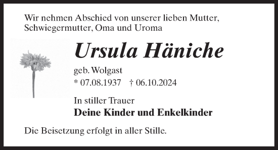 Traueranzeige von Ursula Häniche von Wochenspiegel