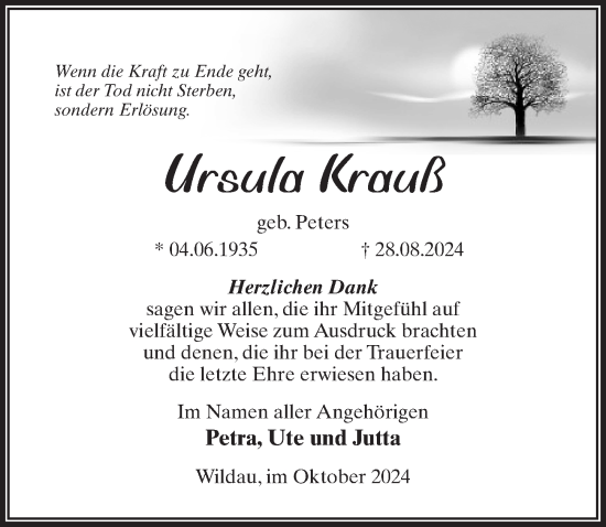 Traueranzeige von Ursula Krauß von Märkischen Allgemeine Zeitung