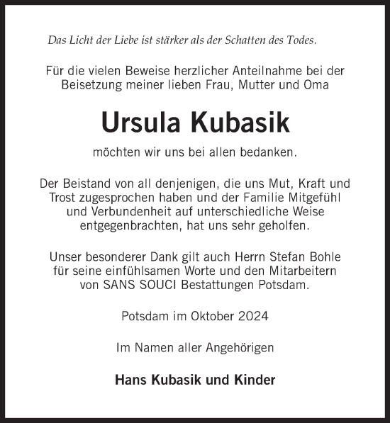 Traueranzeige von Ursula Kubasik von Märkischen Allgemeine Zeitung