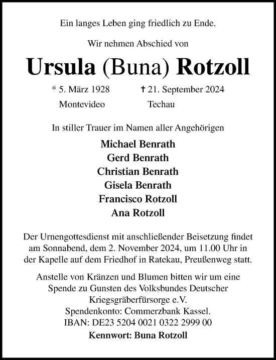 Traueranzeige von Ursula Rotzoll von Lübecker Nachrichten