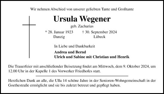 Traueranzeige von Ursula Wegener von Lübecker Nachrichten