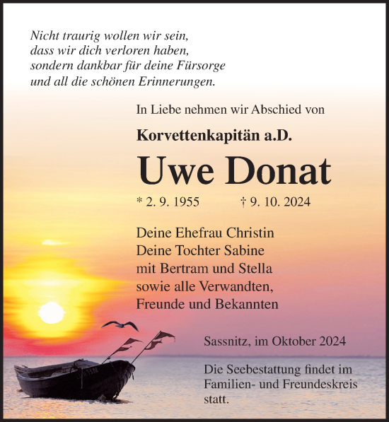 Traueranzeige von Uwe Donat von Ostsee-Zeitung GmbH