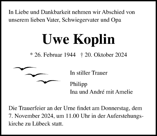 Traueranzeige von Uwe Koplin von Lübecker Nachrichten