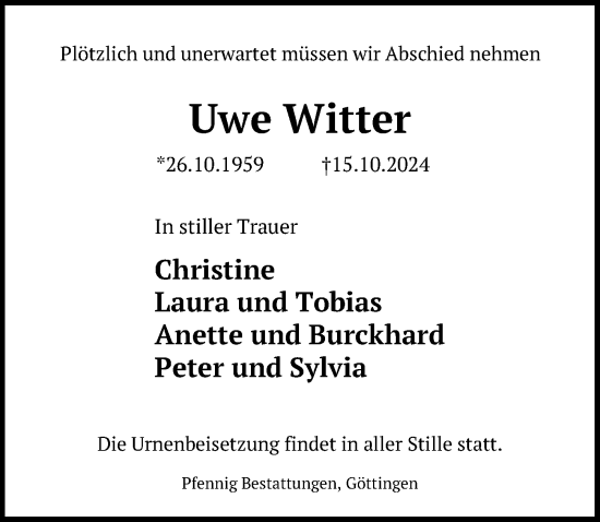 Traueranzeige von Uwe Witter von Göttinger Tageblatt