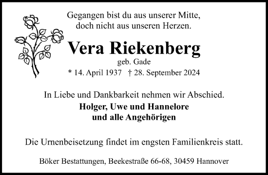 Traueranzeige von Vera Riekenberg von Hannoversche Allgemeine Zeitung/Neue Presse