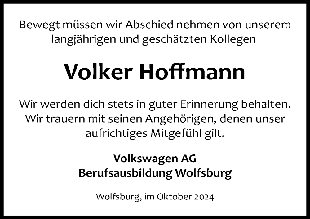  Traueranzeige für Volker Hoffmann vom 26.10.2024 aus Aller Zeitung