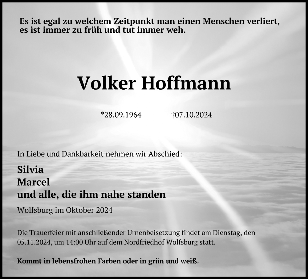  Traueranzeige für Volker Hoffmann vom 26.10.2024 aus Aller Zeitung