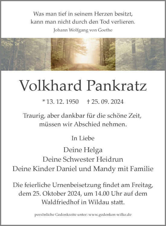 Traueranzeige von Volkhard Pankratz von Märkischen Allgemeine Zeitung