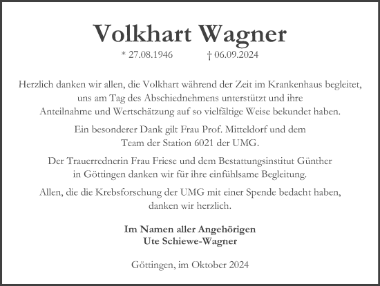 Traueranzeige von Volkhart Wagner von Göttinger Tageblatt