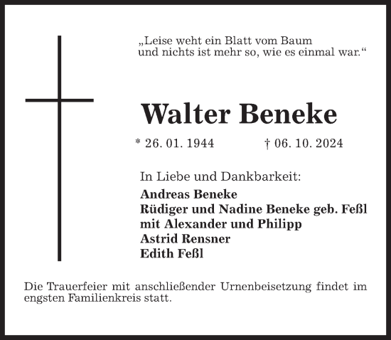 Traueranzeige von Walter Beneke von Hannoversche Allgemeine Zeitung/Neue Presse