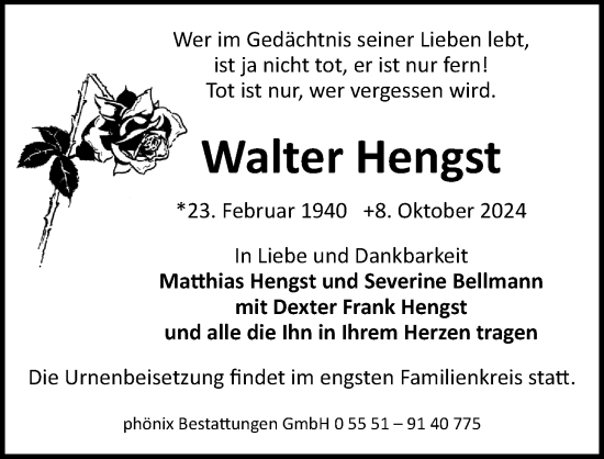 Traueranzeige von Walter Hengst von Göttinger Tageblatt