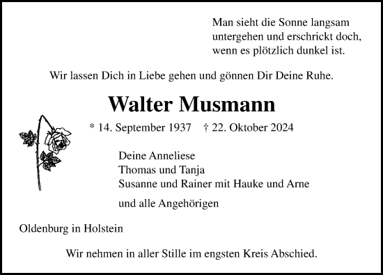 Traueranzeige von Walter Musmann von Lübecker Nachrichten