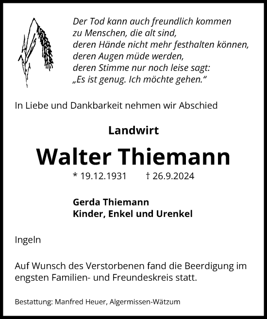 Traueranzeige von Walter Thiemann von Hannoversche Allgemeine Zeitung/Neue Presse