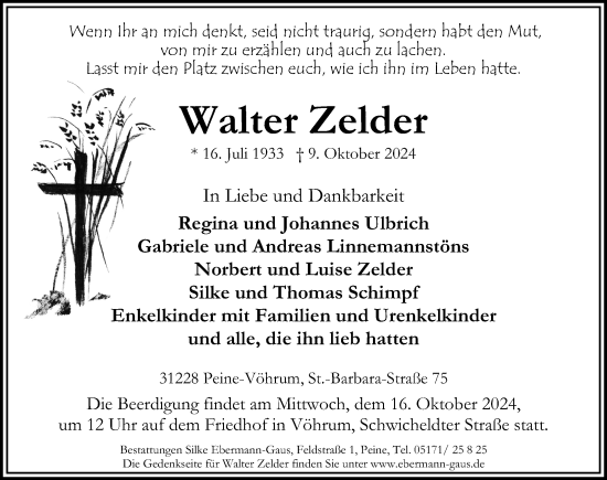 Traueranzeige von Walter Zelder von Peiner Allgemeine Zeitung