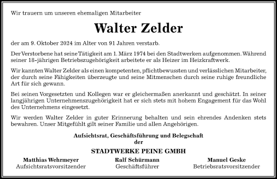 Traueranzeige von Walter Zelder von Peiner Allgemeine Zeitung