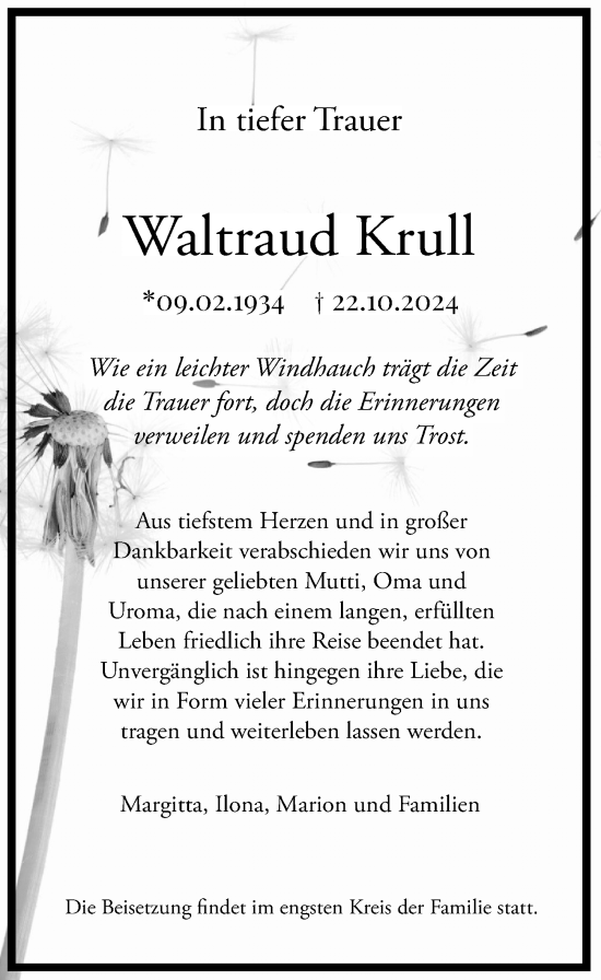 Traueranzeige von Waltraud Krull von Ostsee-Zeitung GmbH